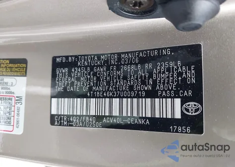 2007 Toyota Camry Le z USA, uszkodzony, nr VIN 4T1BE46K37U009719